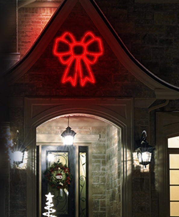 LED Christmas decoration pre-lit with twinkling lights. Designed to look like a bow.