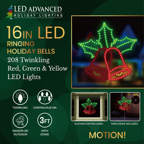 LED Christmas decoration pre-lit with green, red and yellow. Wire is shaped like two bells with holly leaves behind them.