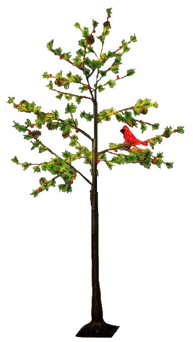 Pre-lit fake Christmas pine tree. Lights are warm white and red and the leaves are green. There's also a lit cardinal attached to one of the branches.
