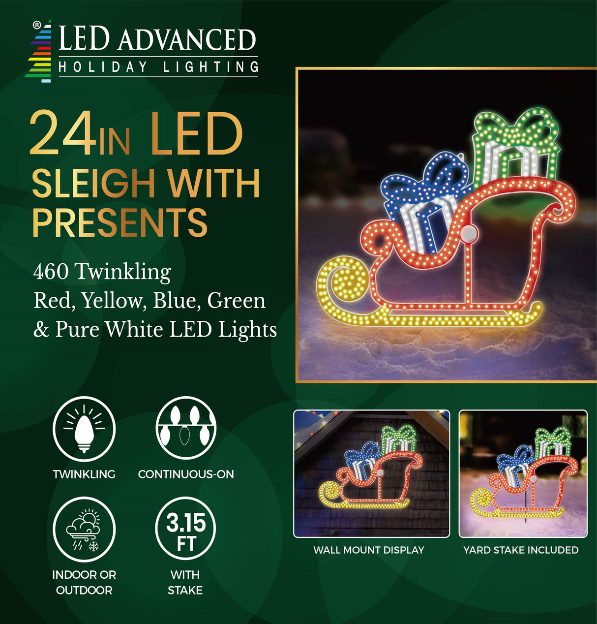 Outdoor LED Christmas decoration shaped like a sleigh with presents inside. It's lit with blue, pure white, green and yellow lights.