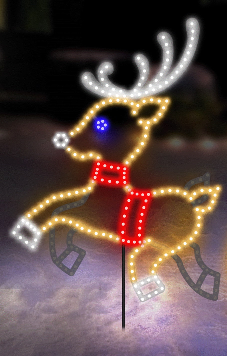 Outdoor LED decoration shaped like a reindeer. The lights make it look like it's prancing