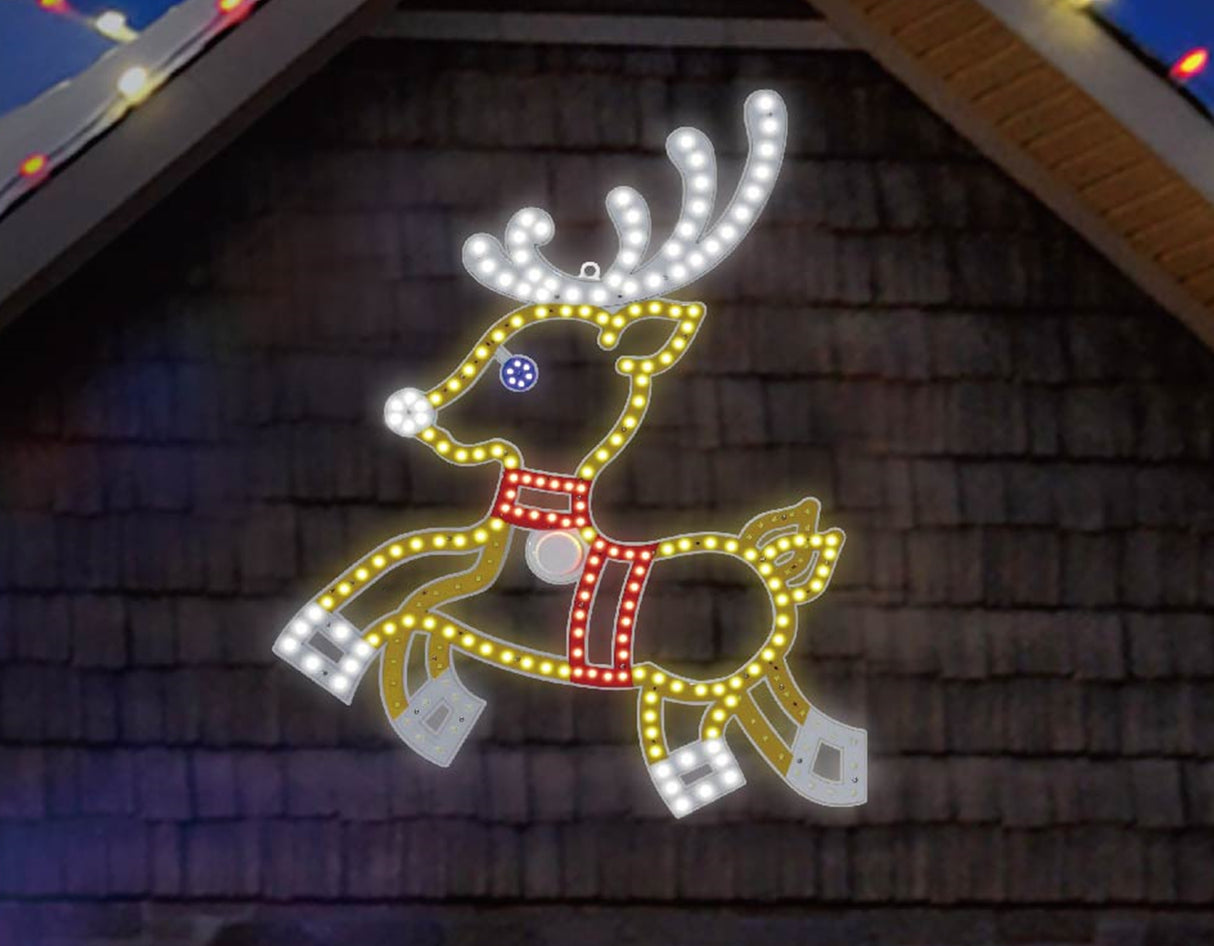 Outdoor LED decoration shaped like a reindeer. The lights make it look like it's prancing