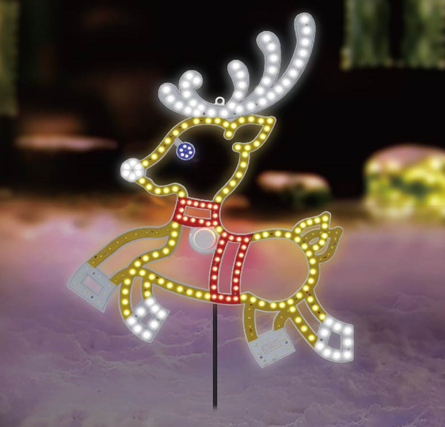 Outdoor LED decoration shaped like a reindeer. The lights make it look like it's prancing
