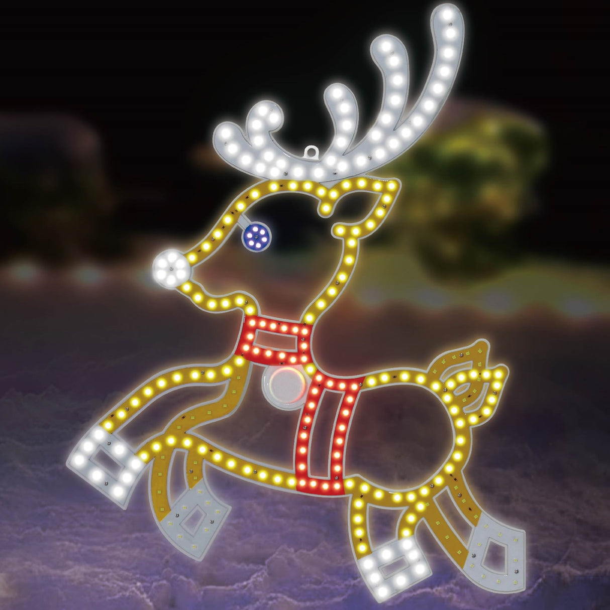 Outdoor LED decoration shaped like a reindeer. The lights make it look like it's prancing