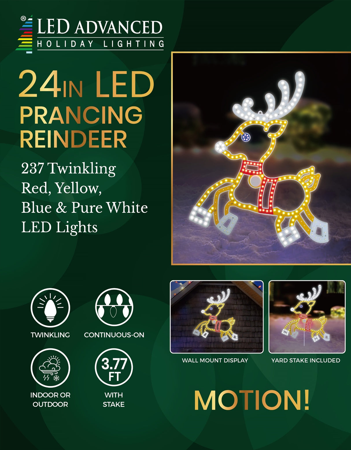 Outdoor LED decoration shaped like a reindeer. The lights make it look like it's prancing