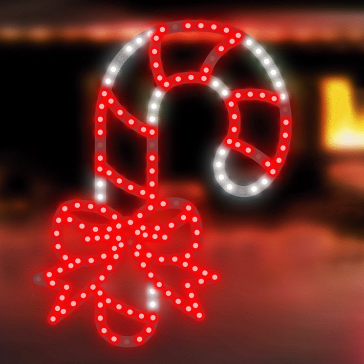 LED Christmas decoration pre-lit with red and pure white lights. Shaped like a red and white striped candy cane with a red ribbon.