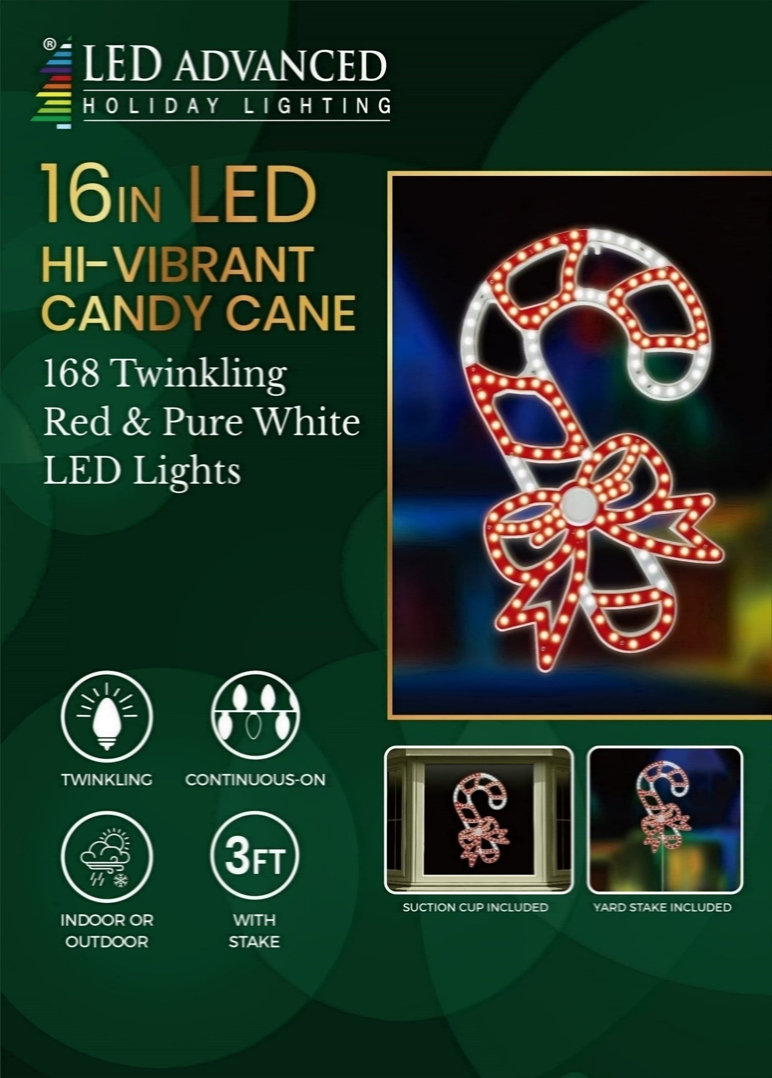 Hi-Vibrant LED Candy Cane with Bow Christmas Decoration