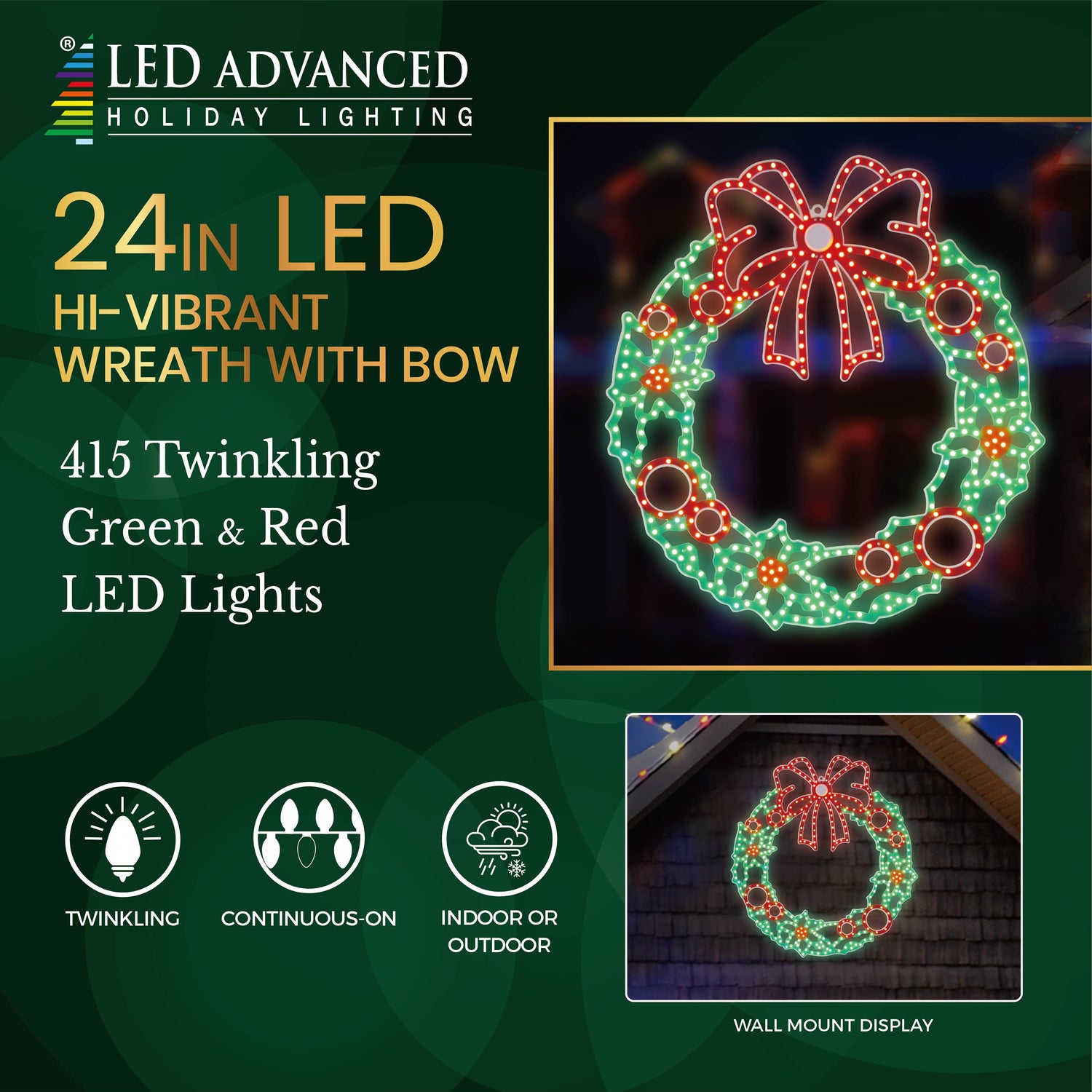 Outdoor LED decoration shaped like a wreath decorated with a red bow and berries. The lights are red and green.