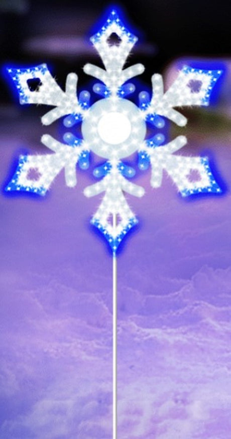 LED decoration shaped like a snowflake with twinkling pure white and blue lights.
