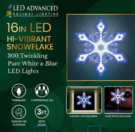 LED decoration shaped like a snowflake with twinkling pure white and blue lights.