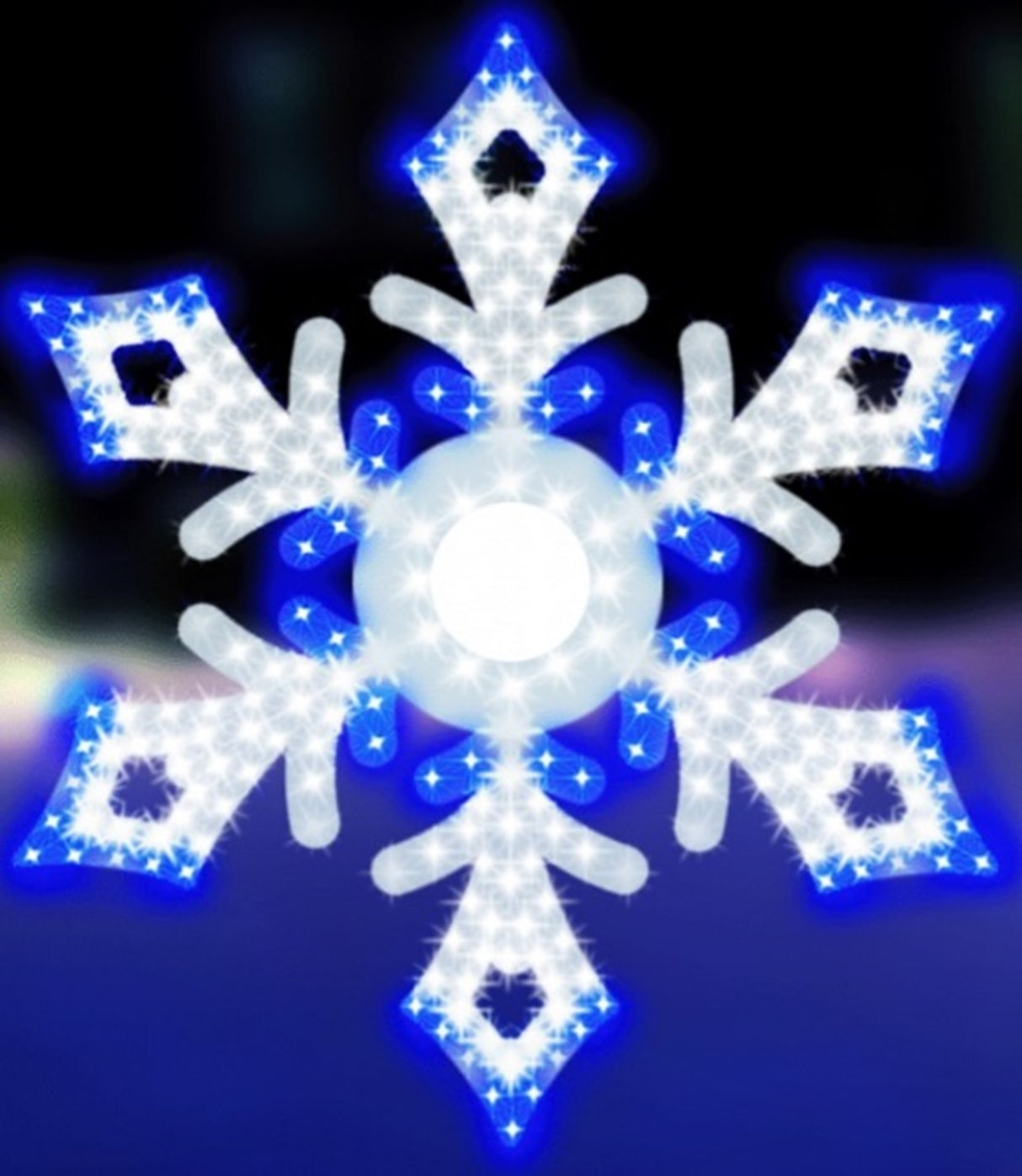 LED decoration shaped like a snowflake with twinkling pure white and blue lights.