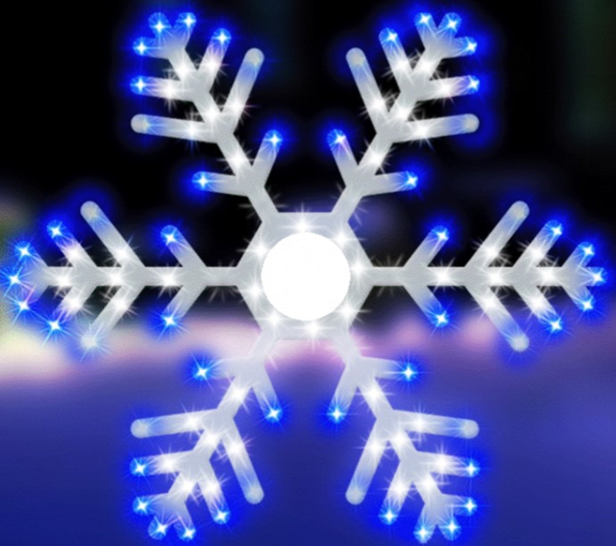Lighted decoration shaped like a snowflake with twinkling pure white and blue lights.