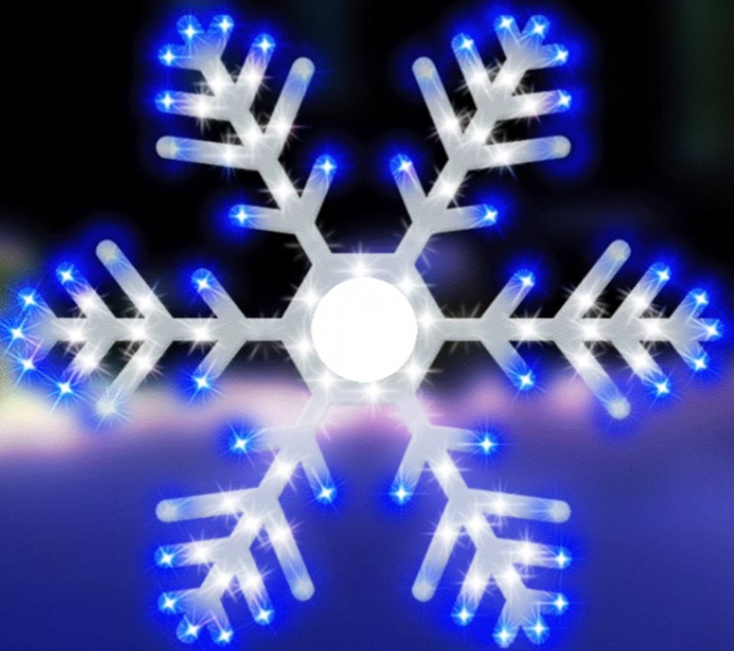 Lighted decoration shaped like a snowflake with twinkling pure white and blue lights.