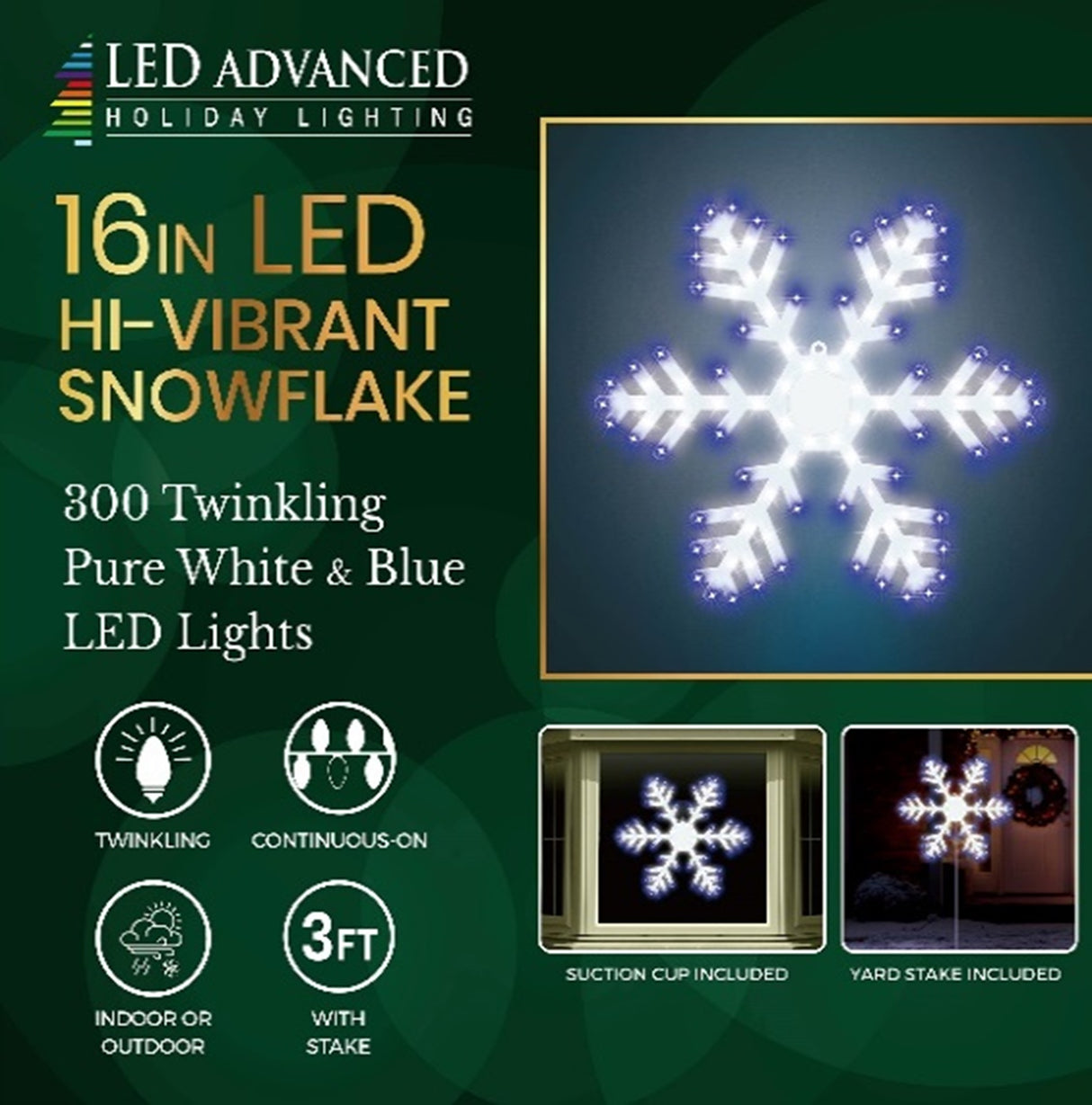 Lighted decoration shaped like a snowflake with twinkling pure white and blue lights.
