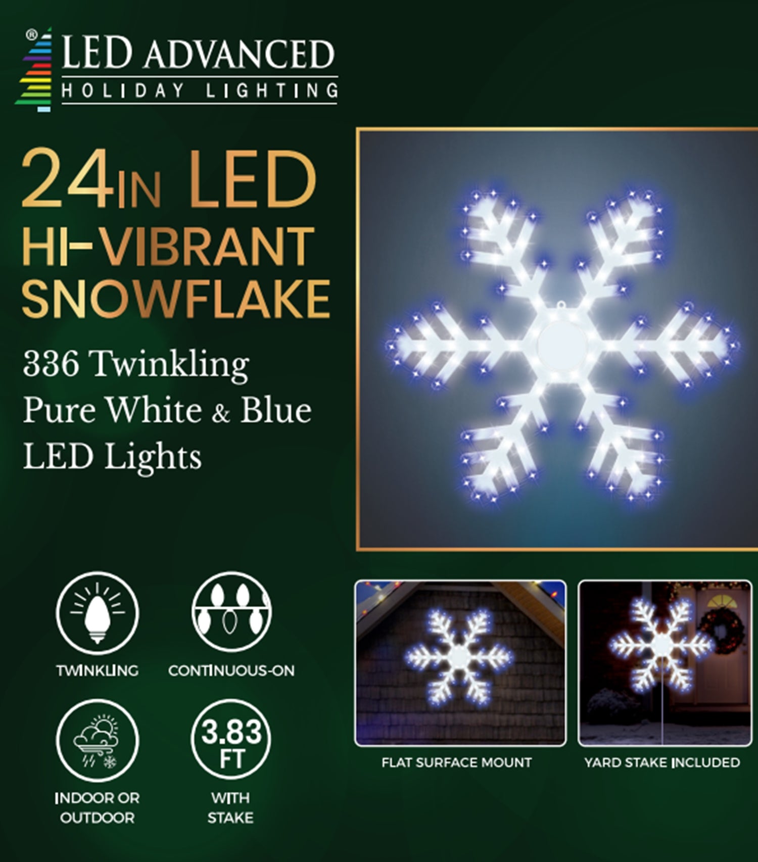 Outdoor LED decoration shaped like a snowflake. It's lit with blue and pure white lights.