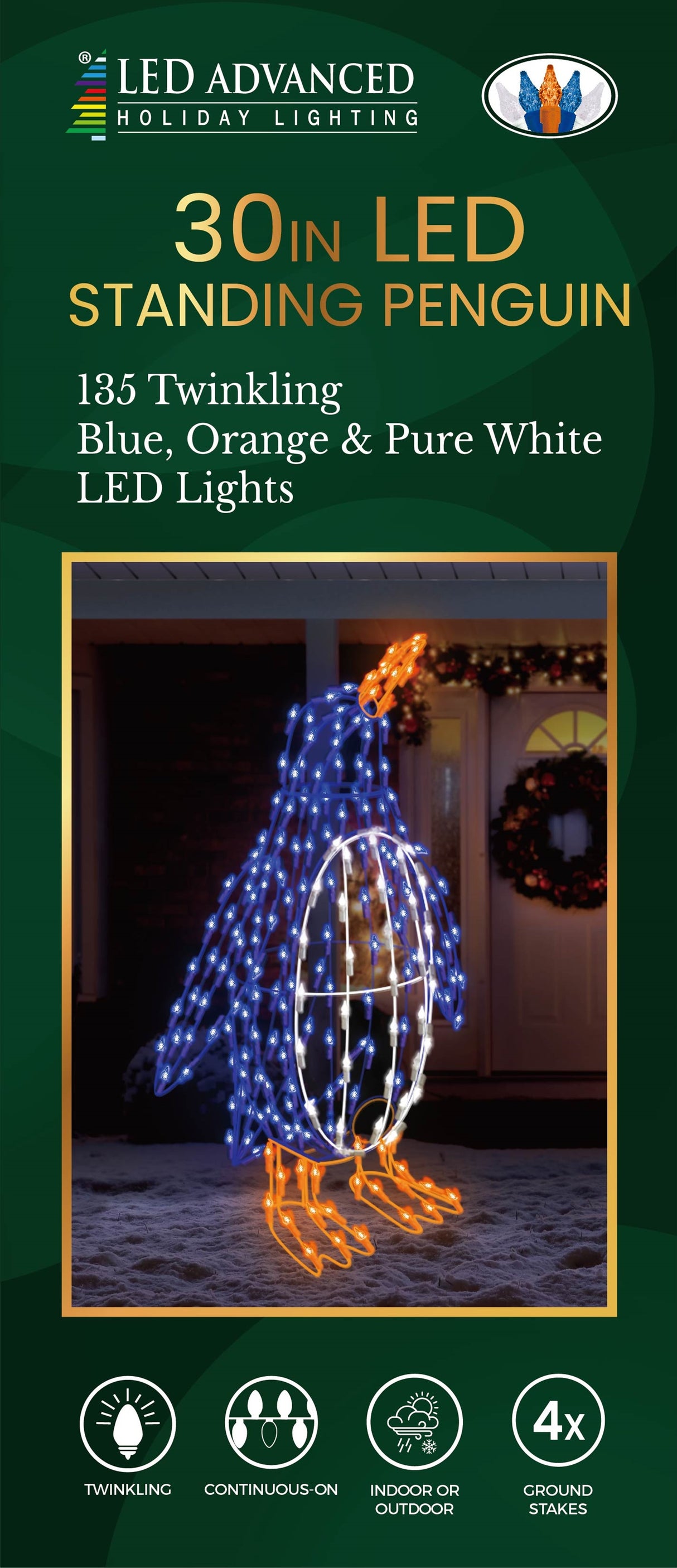 Outdoor LED wire sculpture shaped like a standing penguin. Pre-lit with blue, pure white and orange lights.