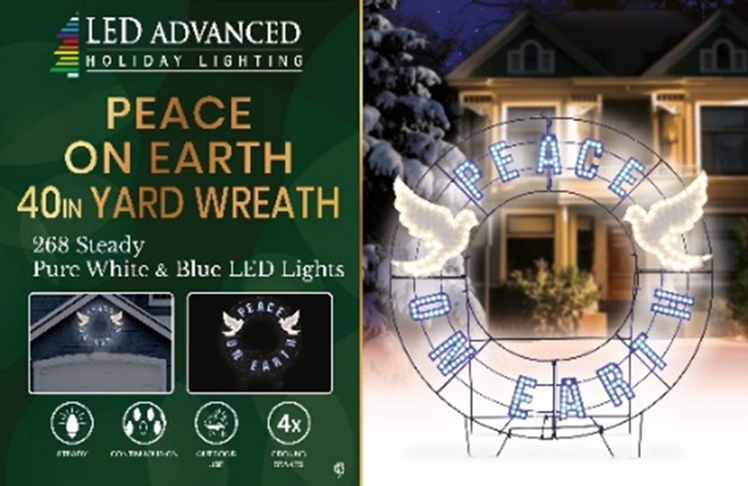 Outdoor LED decoration that reads "Peace on Earth." The text is blue. There are white doves.