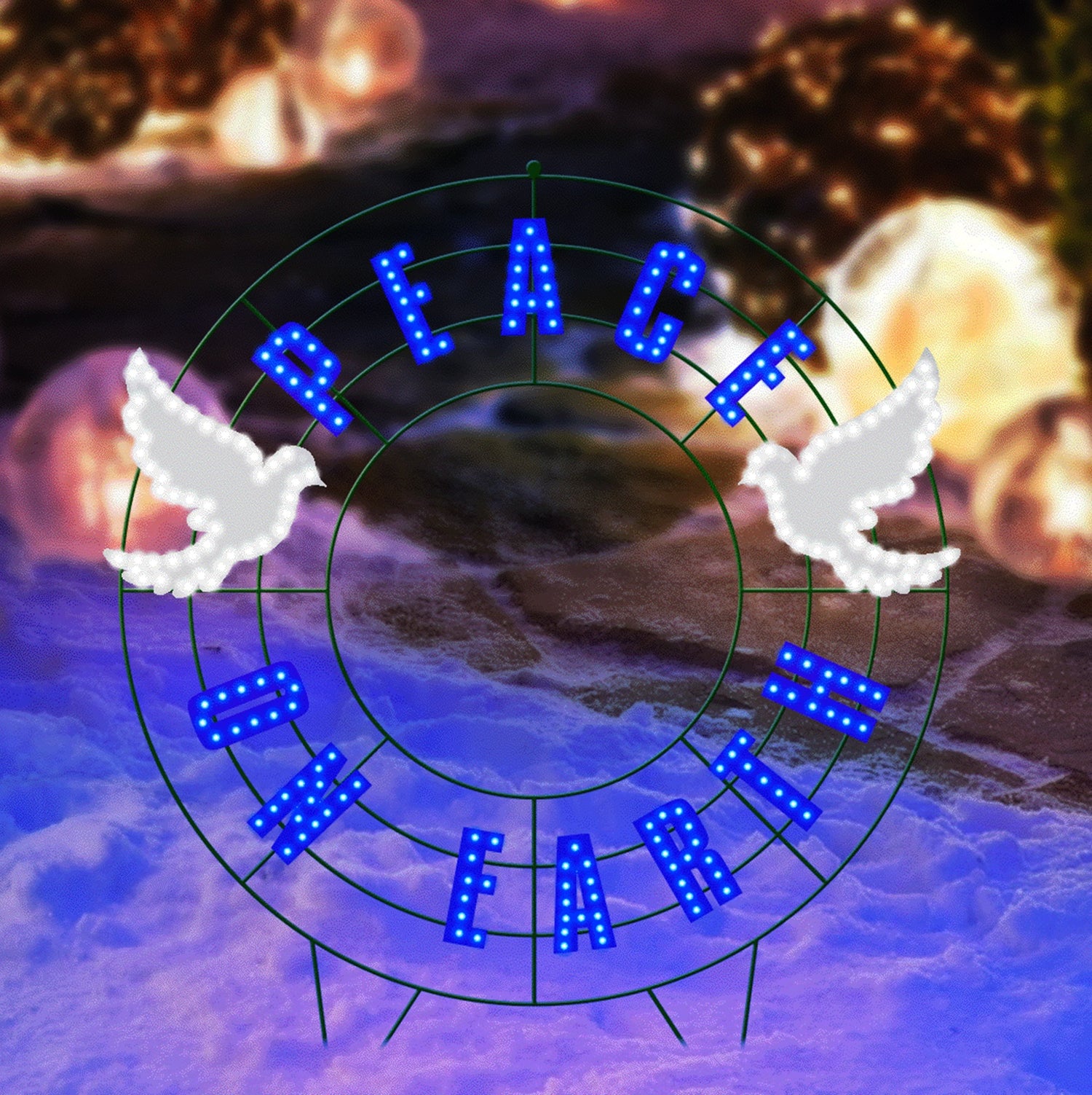 Outdoor LED decoration that reads "Peace on Earth." The text is blue. There are white doves.