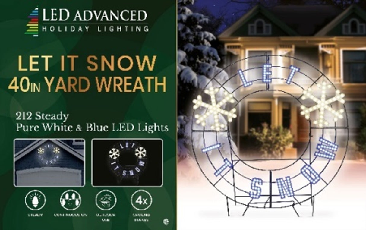 Outdoor LED decoration that reads "Let it Snow." The text is blue. There are two pure white snowflakes.