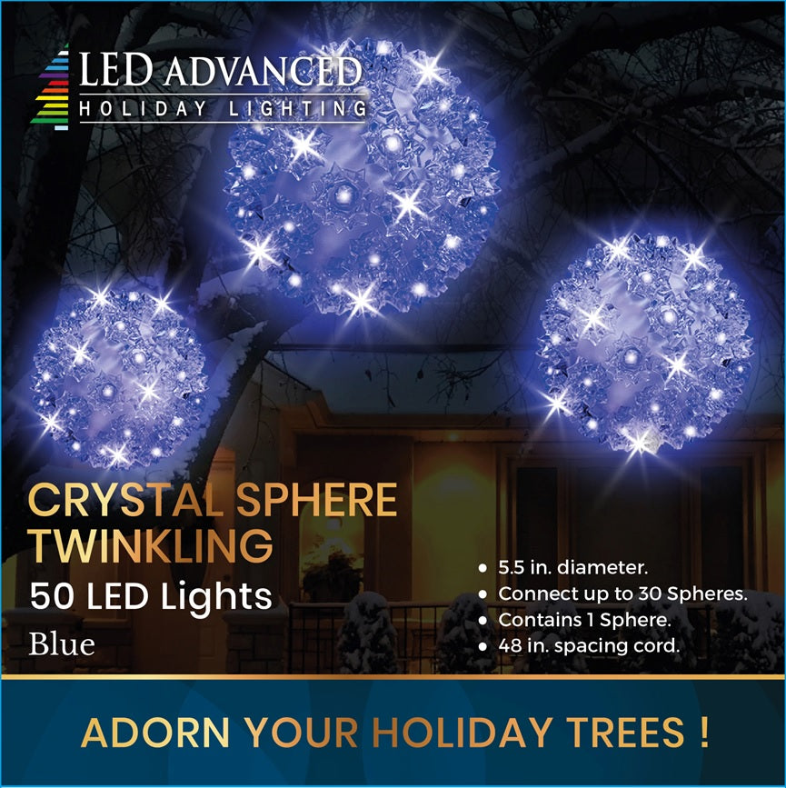 Crystal sphere twinkling decoration with 50 LED blue lights.