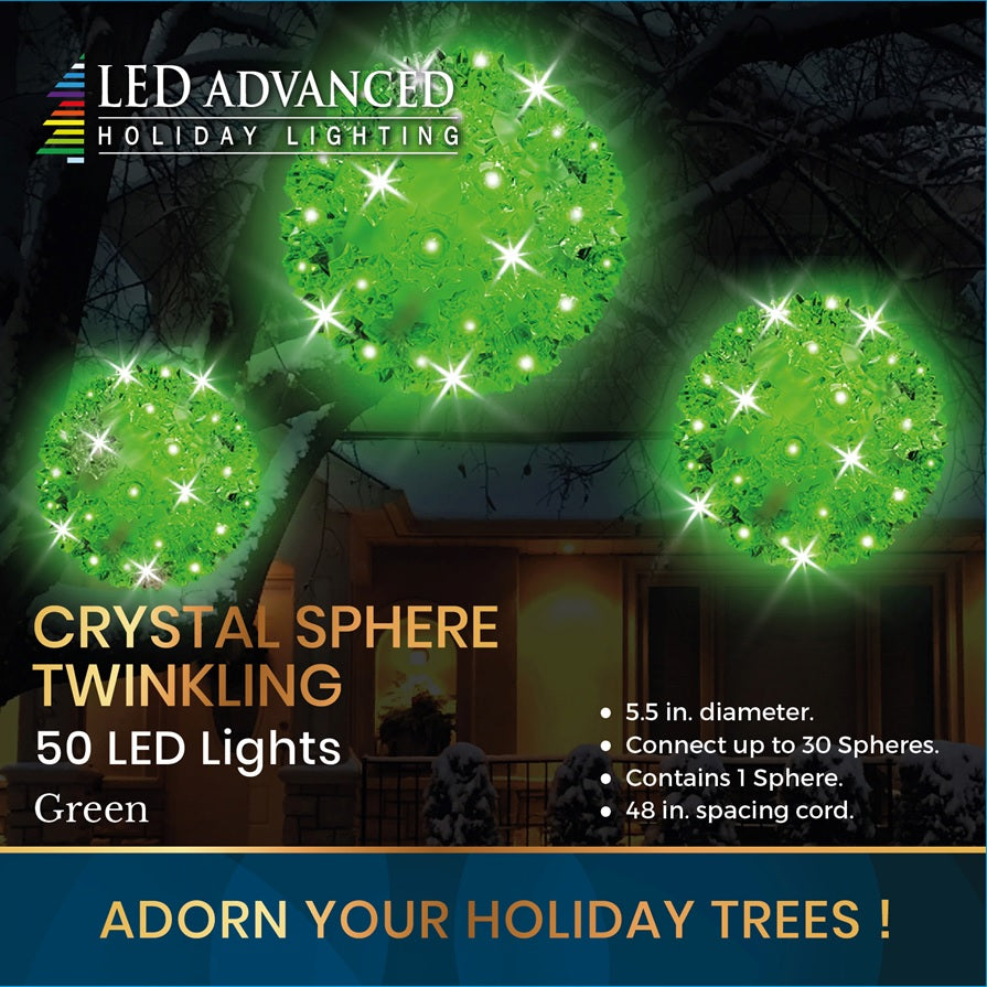Crystal sphere twinkling decoration with 50 LED green lights.