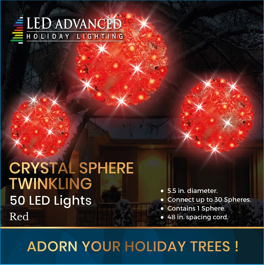 Crystal sphere twinkling decoration with 50 LED red lights.