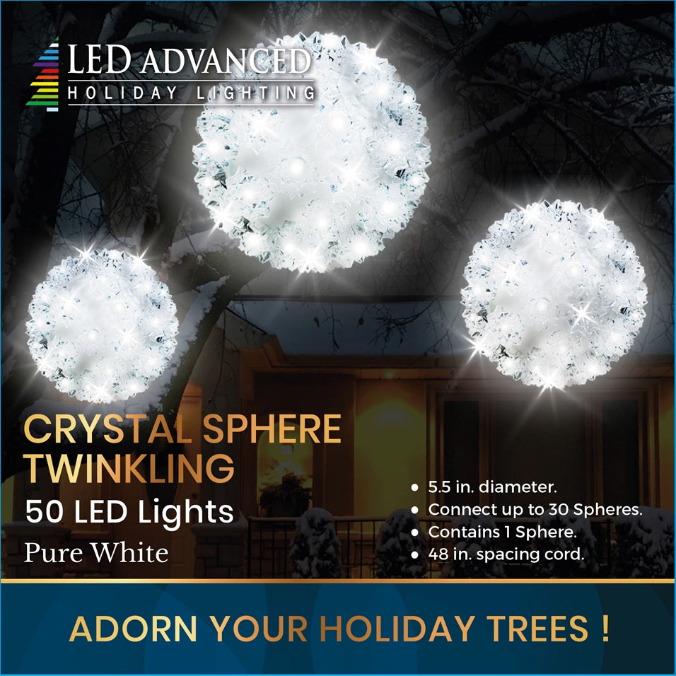 Crystal sphere twinkling decoration with 50 LED pure white lights.