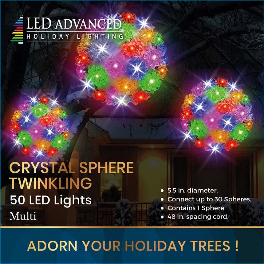 Crystal sphere twinkling decoration with 50 LED multi-colored lights.