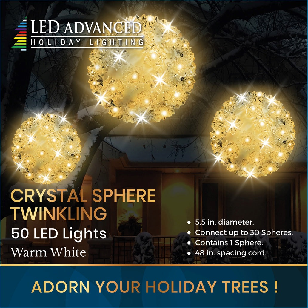 Crystal sphere twinkling decoration with 50 LED warm white lights.