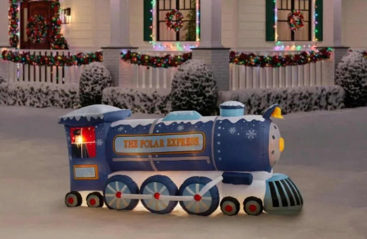 Christmas inflatable shaped like a blue train from the movie The Polar Express. Featuring the classic conductor peering through the window.