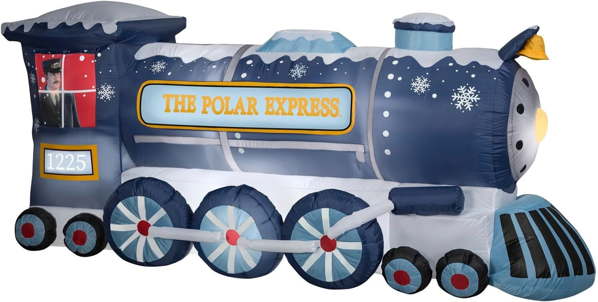 Christmas inflatable shaped like a blue train from the movie The Polar Express. Featuring the classic conductor peering through the window.