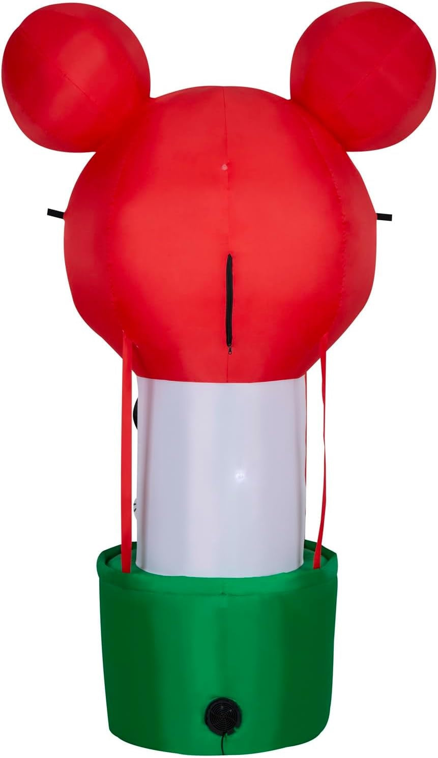 Christmas inflatable shaped like Mickey Mouse dressed as Santa and standing in a hot air balloon basket. The basket is green with a green wreath on it. The balloon is shaped like Mickey's head and ears. The balloon reads "Holiday Greetings!"