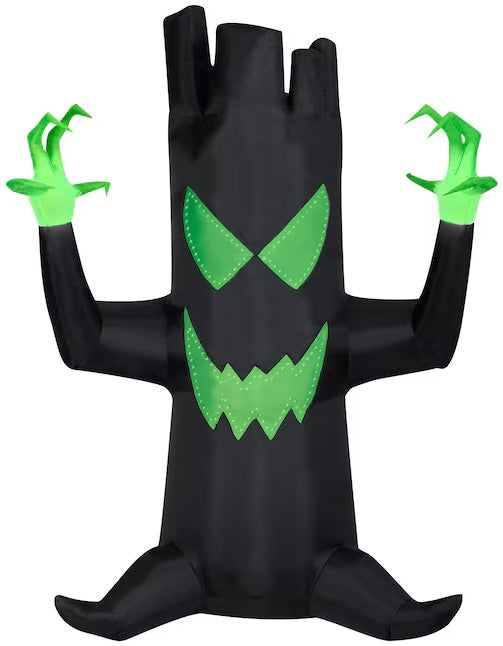 This image shows the Black Spooky Tree Inflatable on a white background. The tree is black with a lime green mouth and green hands.