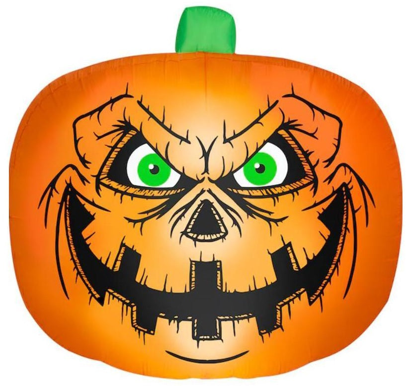 Outdoor Halloween inflatable. Designed to look like a spooky jack-o-lantern with bright green eyes.