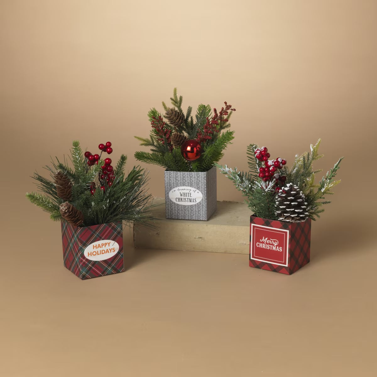 Faux pine and berries with real pine cones in a paper box. One box features red and black buffalo check and reads "Merry Christmas." One box features a white and gray design and reads "I'm Dreaming of a White Christmas." One box features red and green plaid and reads "Happy Holidays."