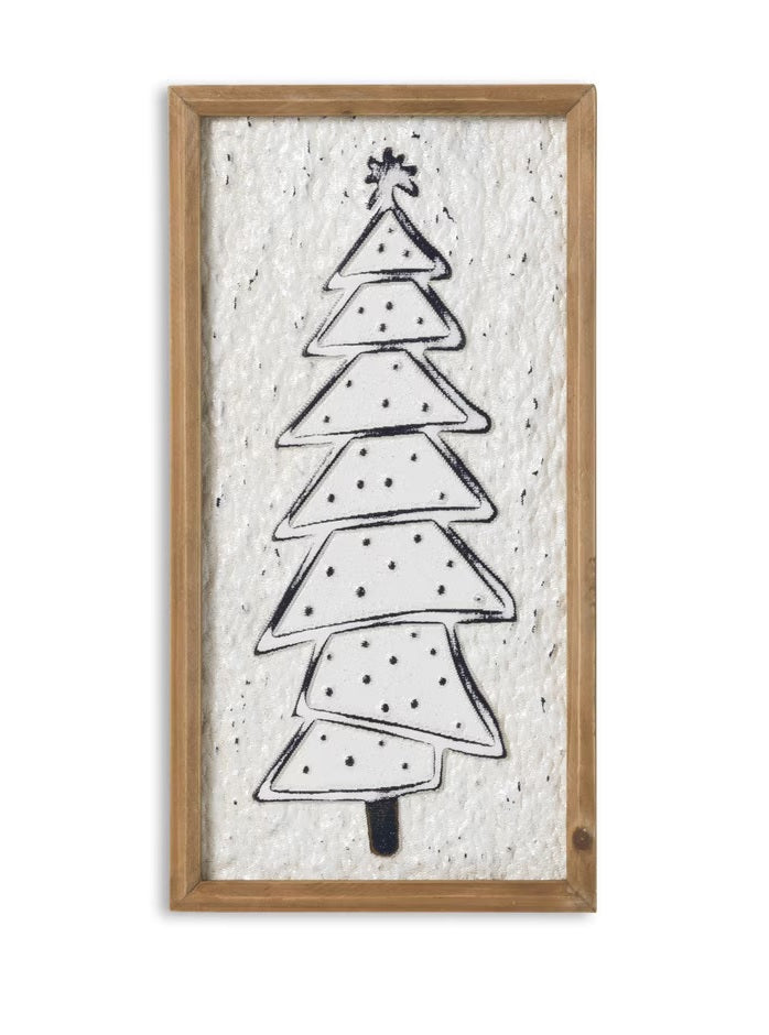Framed wooden hanging decoration. White textured background accents the raised Christmas tree in a simple, stylized design.