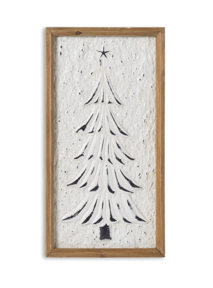 Framed wooden hanging decoration. White textured background accents the raised Christmas tree in a simple, stylized design.