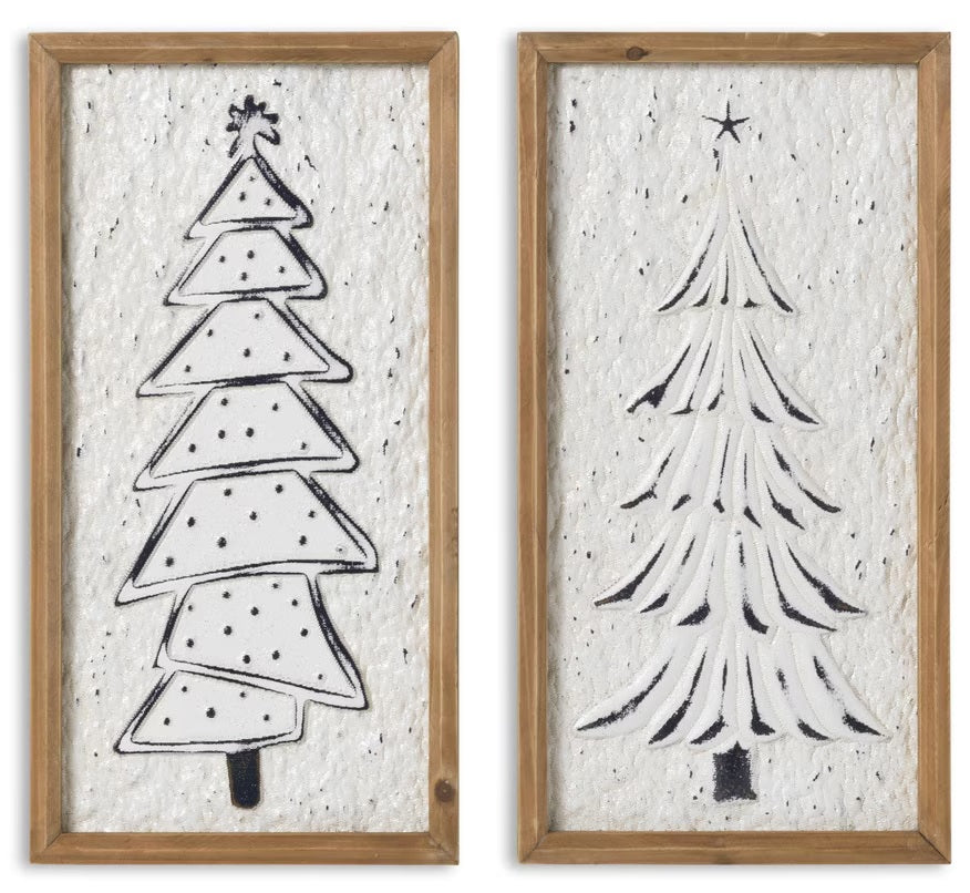 Framed wooden hanging decoration. White textured background accents the raised Christmas tree in a simple, stylized design.