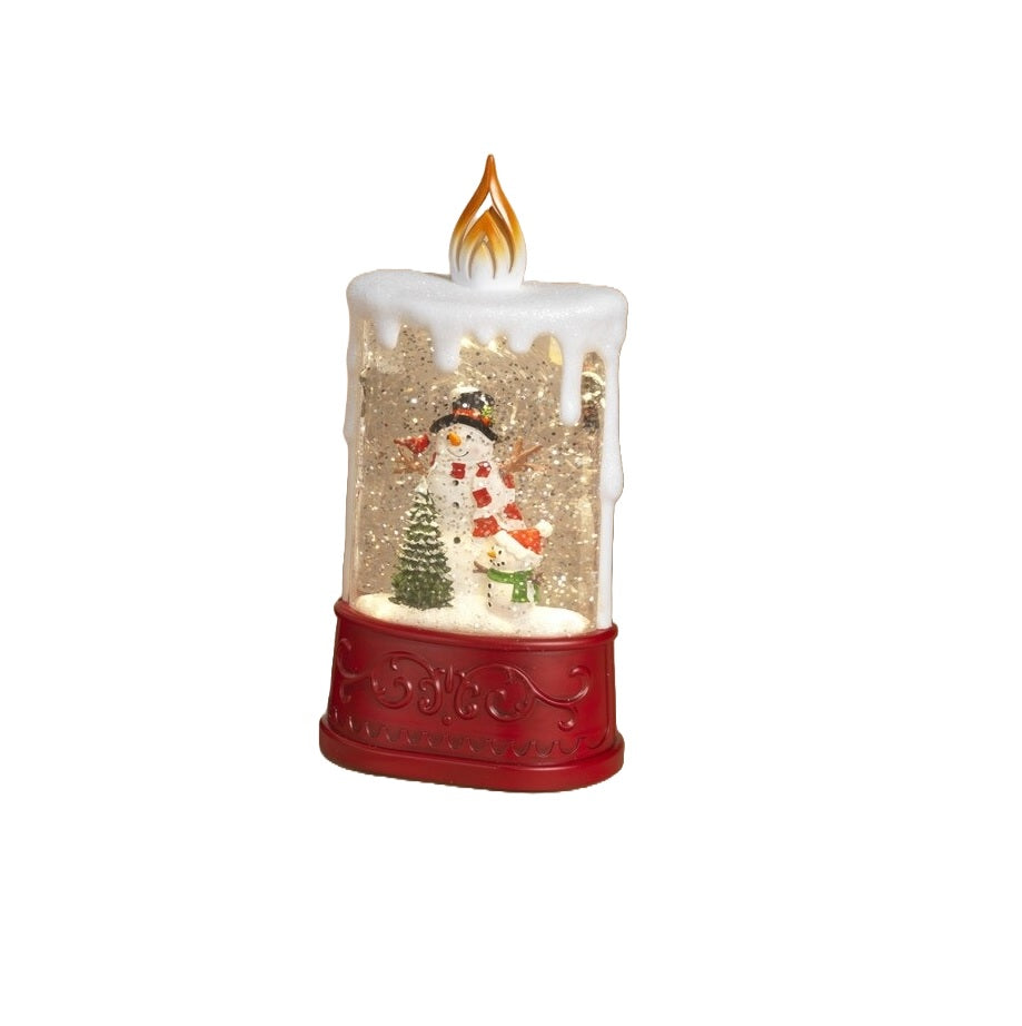 This lantern features two snowmen and a small tree.