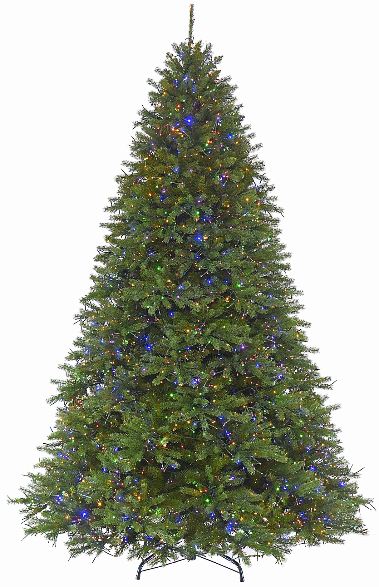 Artificial tree pre-lit with dual LED lights. Lights change from warm white to multi-colored lights.