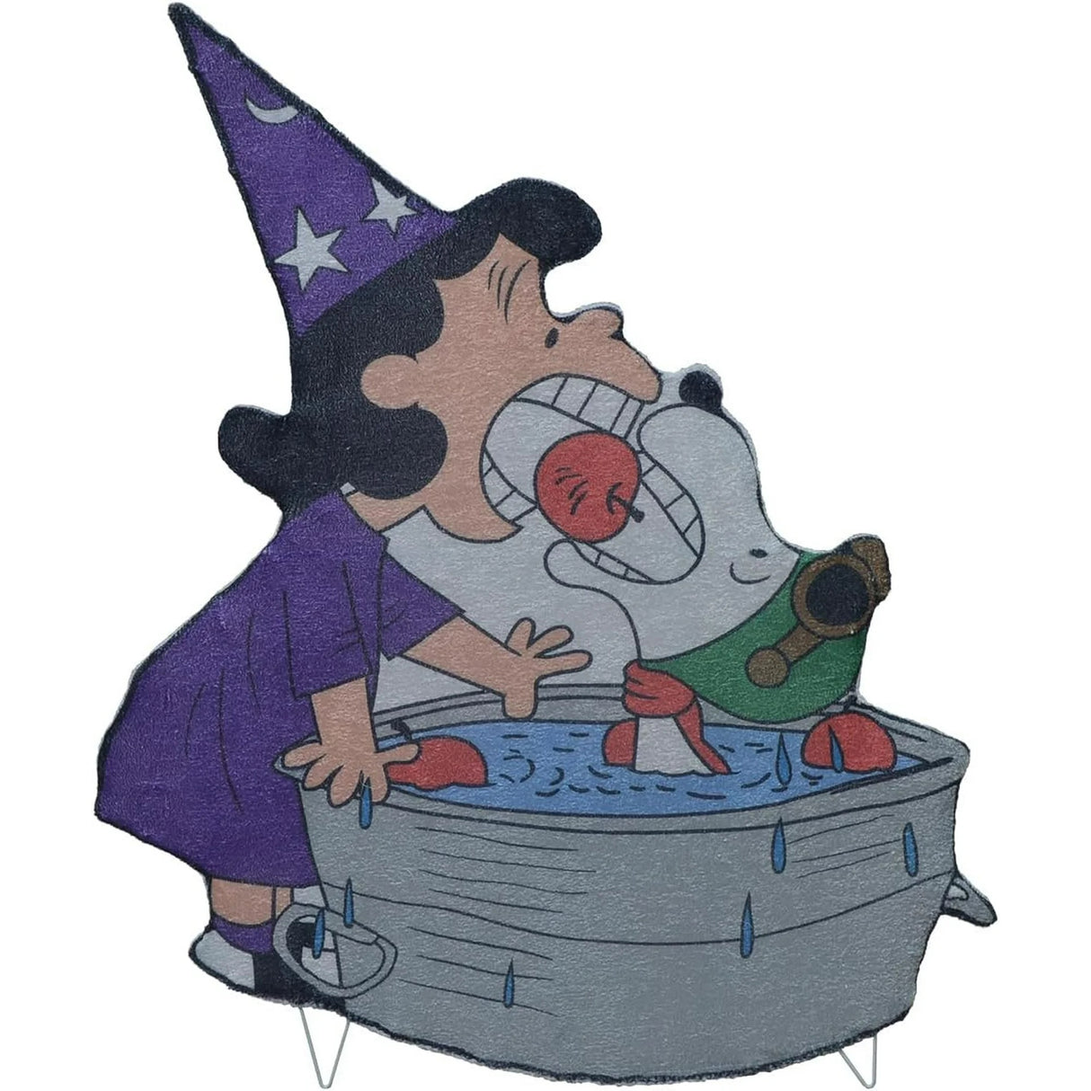 Lighted Halloween decoration. Looks like Lucy and Snoopy from the Peanuts cartoons bobbing for apples. Lucy is dressed in a pointed, purple hat and dress. Snoopy appears to be dressed as a pilot. Snoopy is inside the small water tub.