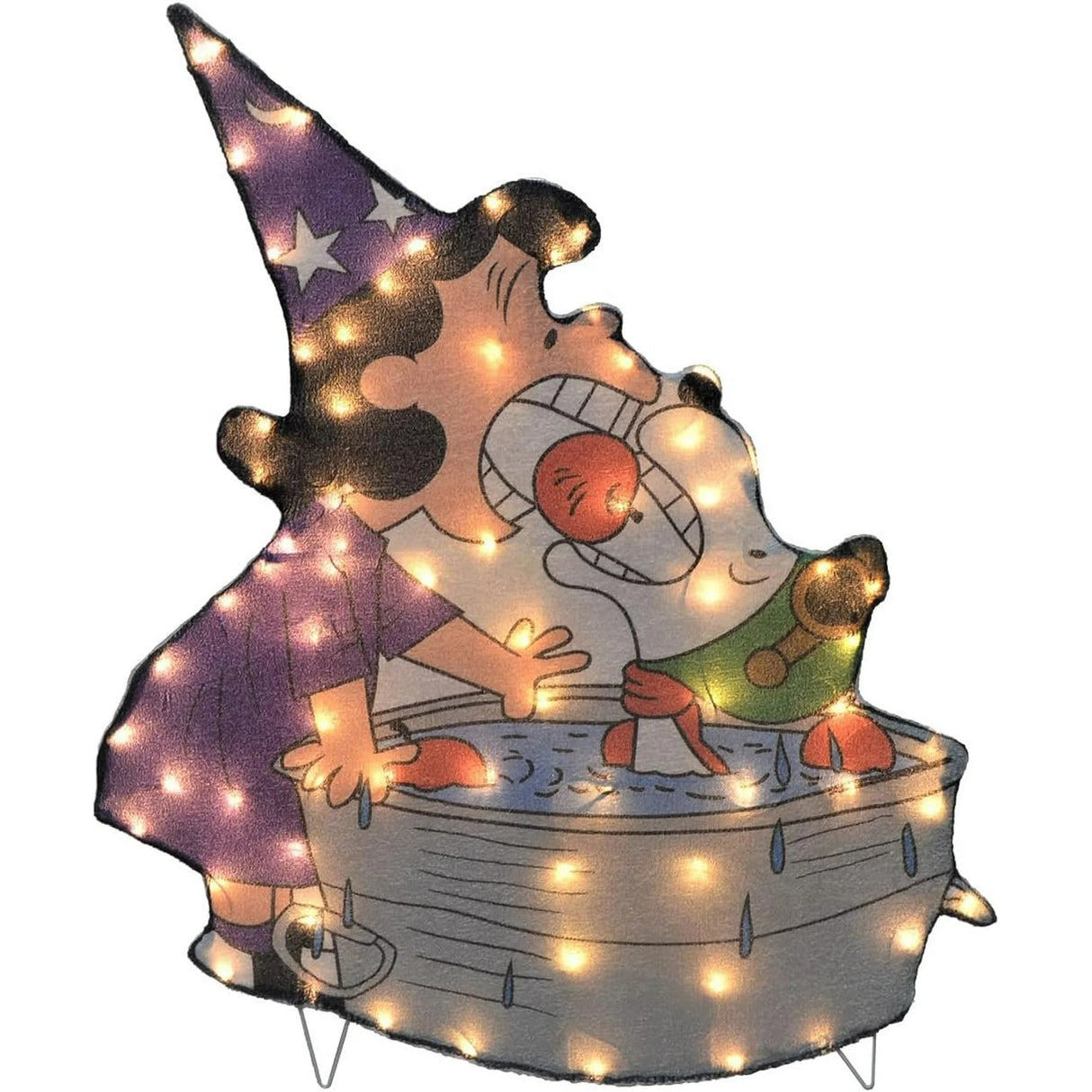 Lighted Halloween decoration. Looks like Lucy and Snoopy from the Peanuts cartoons bobbing for apples. Lucy is dressed in a pointed, purple hat and dress. Snoopy appears to be dressed as a pilot. Snoopy is inside the small water tub.