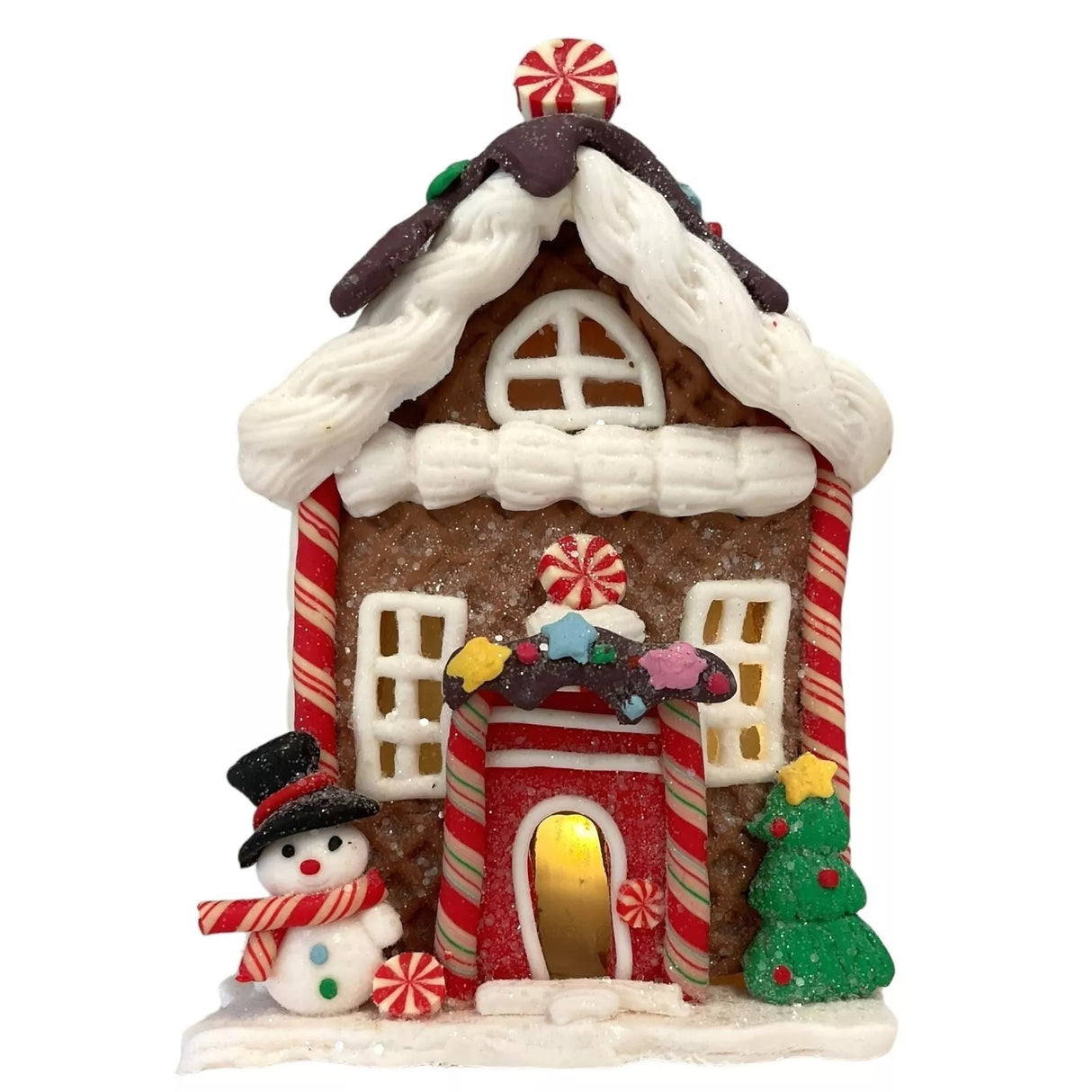 Decorative piece designed to look like a gingerbread covered in candies and frosting. This one has a snowman and a tree accent near the front door.