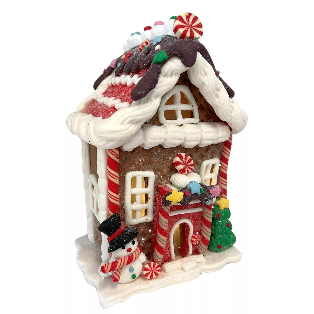 Decorative piece designed to look like a gingerbread covered in candies and frosting. This one has a snowman and a tree accent near the front door.