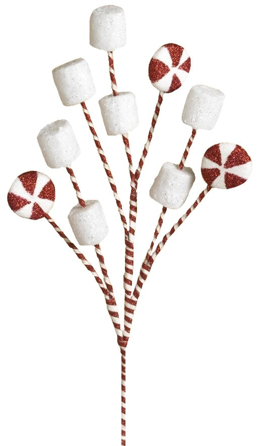 Pick spray designed to look like red and white striped branches with marshmallows and peppermint candies.