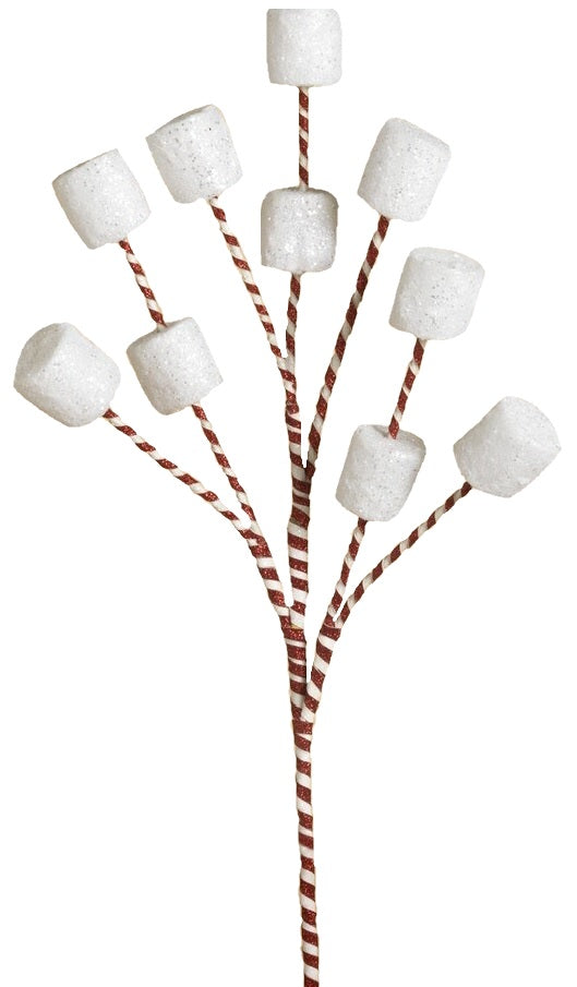 Pick spray designed to look like red and white striped branches with marshmallows.
