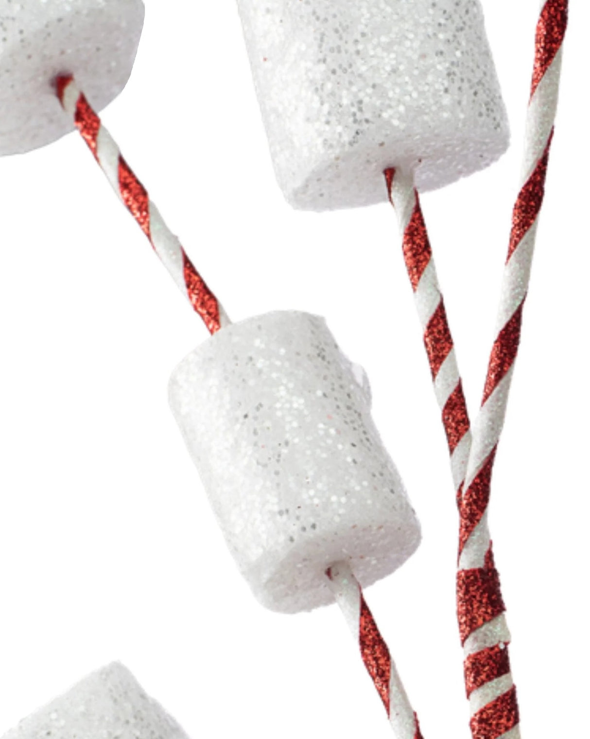 Up close view of the glitter on the marshmallows and the red and white pick spray body.