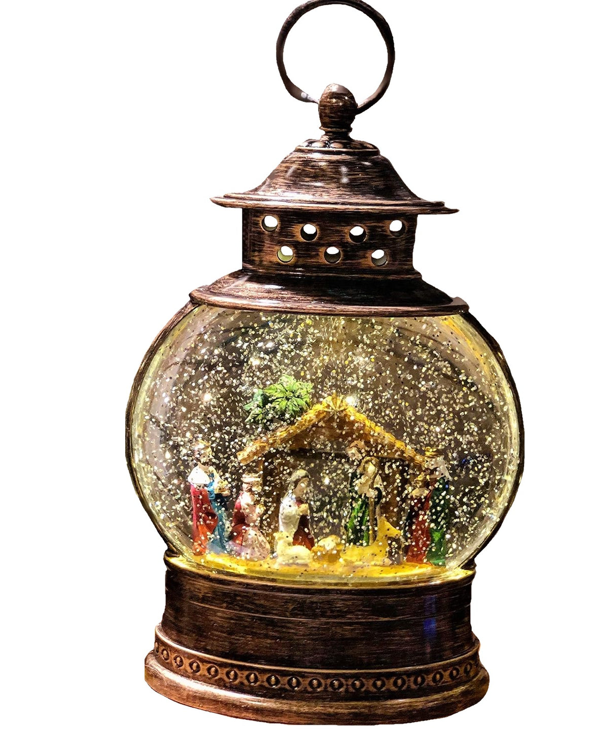 Glass globe lantern tabletop decoration. Inside this lantern is glitter and a winter scene showing the Nativity Scene.
