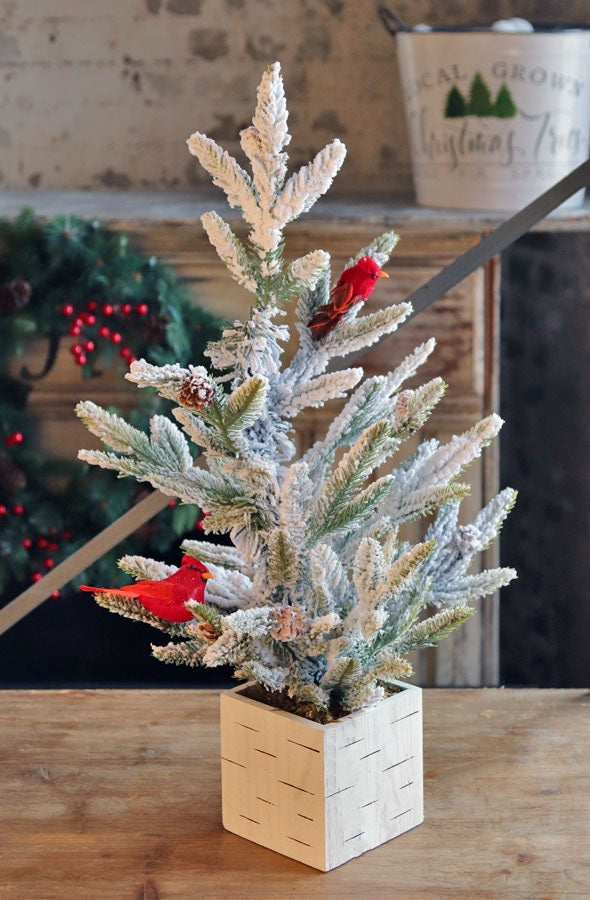 Tabletop tree in a birch planter box. The branches of the tree are dusted with white to mimic snow. The tree is accented with two red cardinal birds and some snow-covered pine cones.