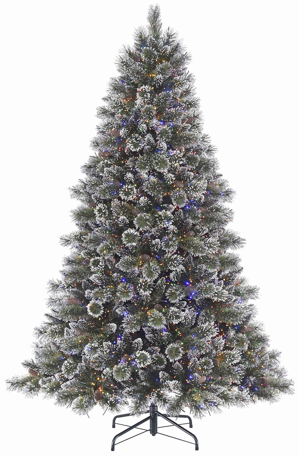 Artificial Christmas tree with white glitter on the branches to look like snow. Pre-lit with dual LED lights. Lights change from warm white to multi-colored.